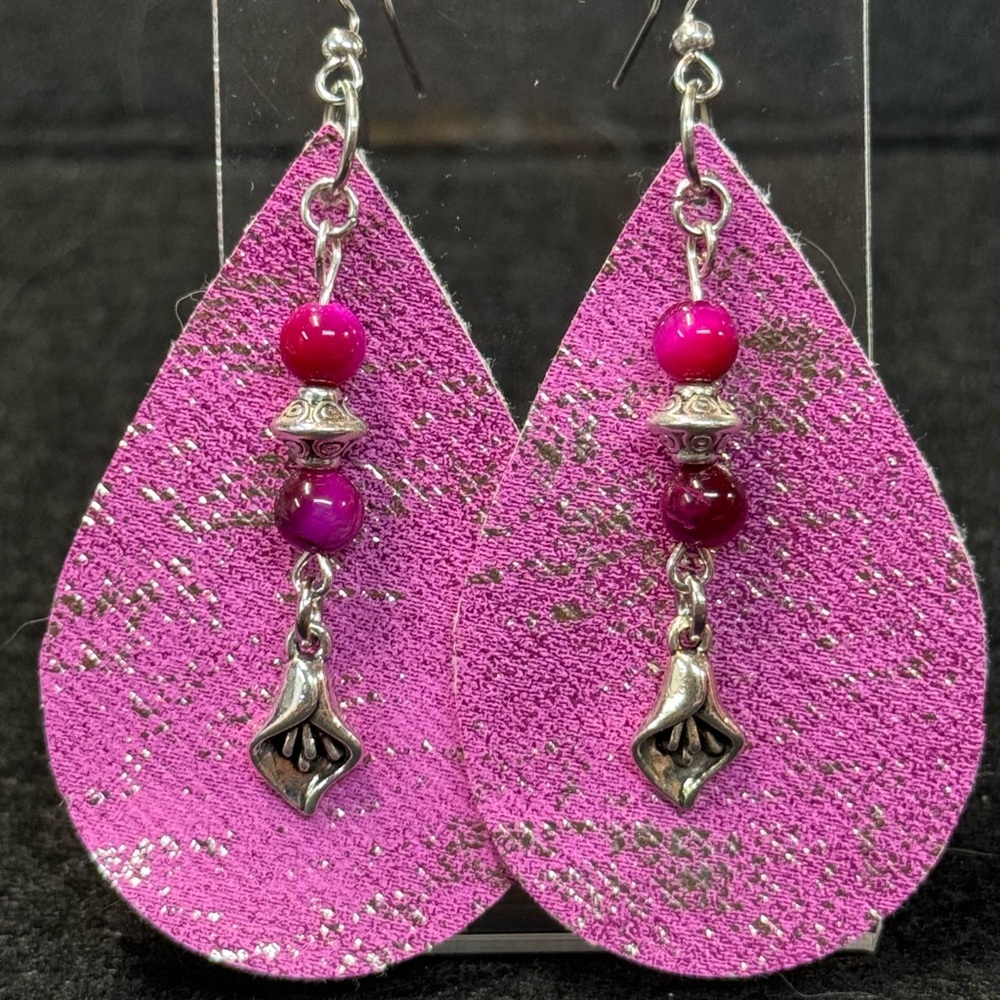 Handmade purple teardrop faux denim earrings